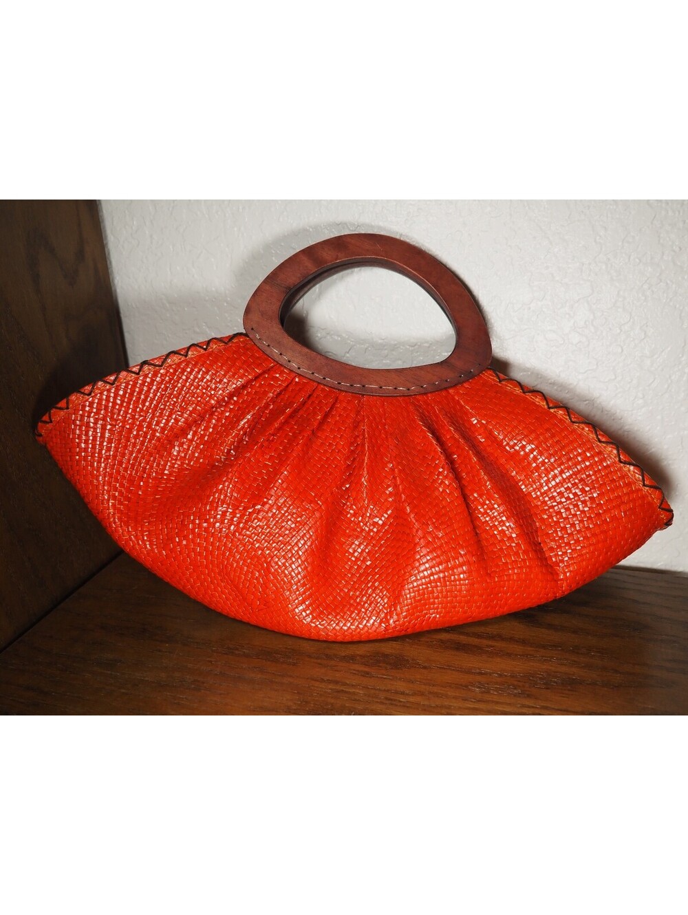 Handcrafted Orange Woven Handbag, Wooden Handles Flower Accent, Boho Chic Purse